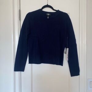 AQUA Navy Cashmere Long-Sleeve Crewneck Sweater with Rolled Edges